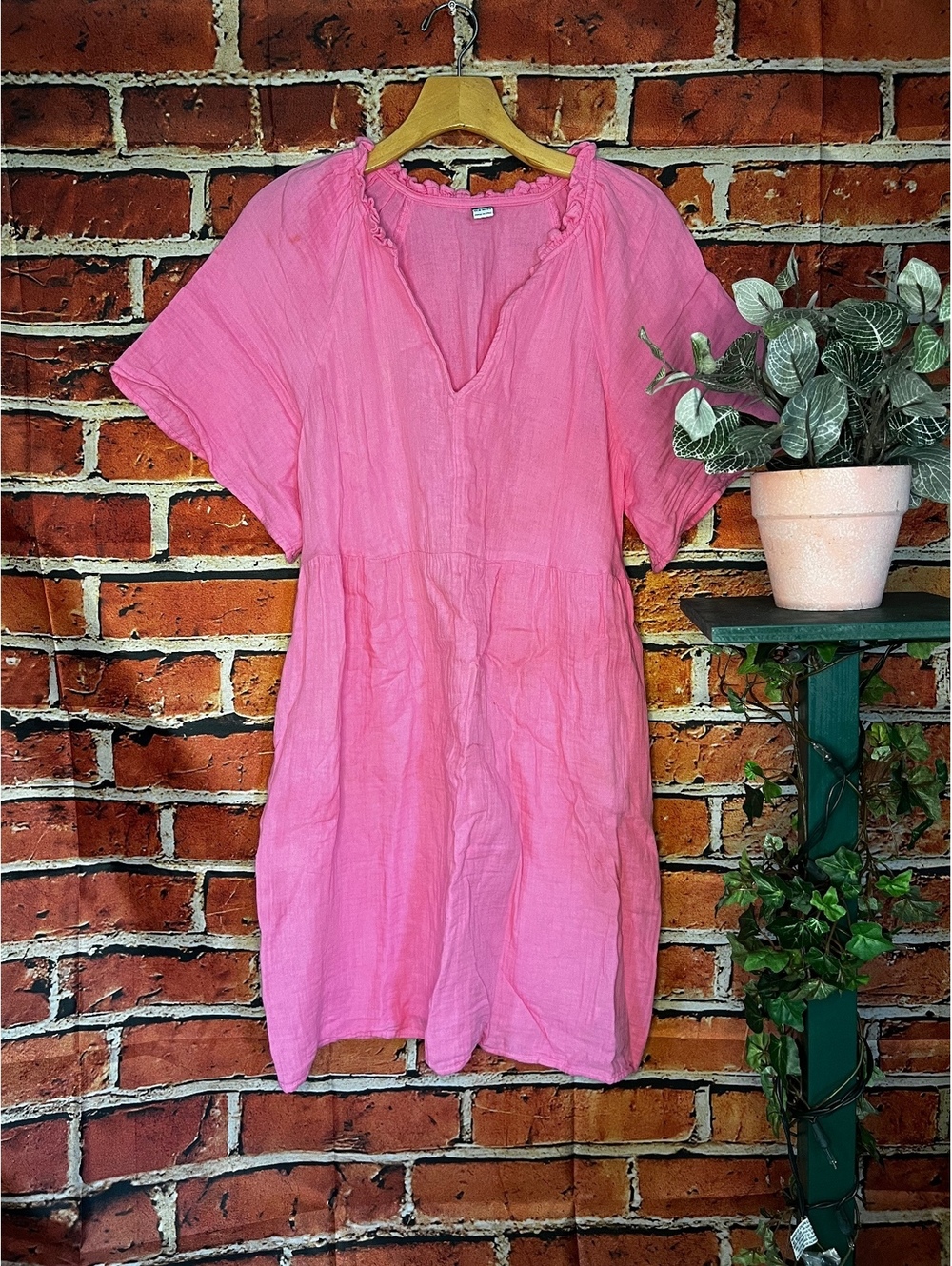 Old Navy Barbie Pink V Neck Short Sleeve Peasant Mini Dress